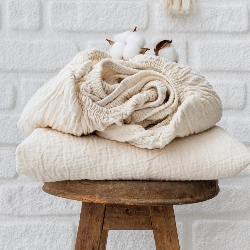 Washed Muslin Fitted Sheet, Organic Muslin Fitted Bed Sheet, GOTS Certified Cotton Bedding