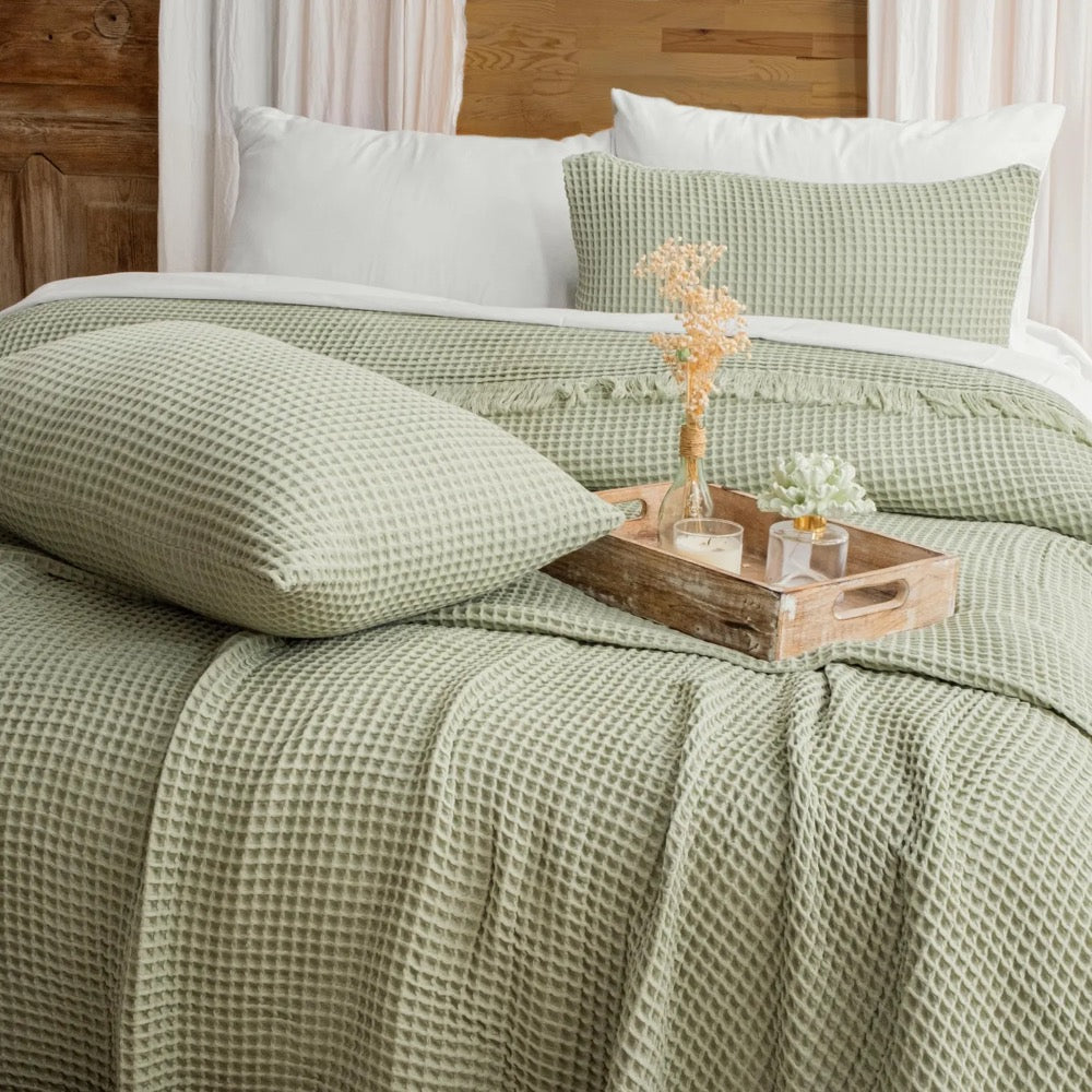 Sage Green Waffle Cotton Blanket, Organic Turkish Bedspread Queen King, GOTS Certified Bedding Gift