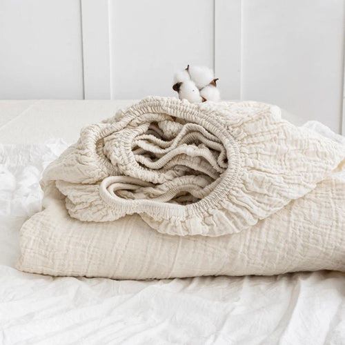 Organic Muslin Fitted Bed Sheet, Washed Muslin Fitted Sheet, GOTS Certified Cotton Bedding, Breathable Cotton Sheet