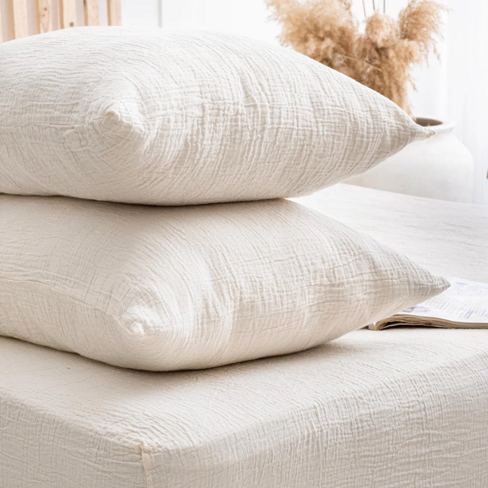 Organic Muslin Fitted Bed Sheet, Washed Muslin Fitted Sheet, GOTS Certified Cotton Bedding, Breathable Cotton Sheet