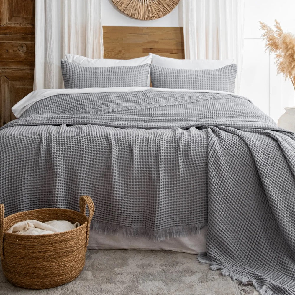 Sage Green Waffle Cotton Blanket, Organic Turkish Bedspread Queen King, GOTS Certified Bedding Gift