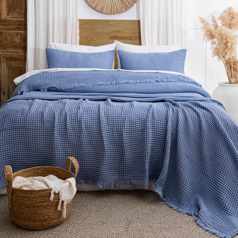 Sage Green Waffle Cotton Blanket, Organic Turkish Bedspread Queen King, GOTS Certified Bedding Gift