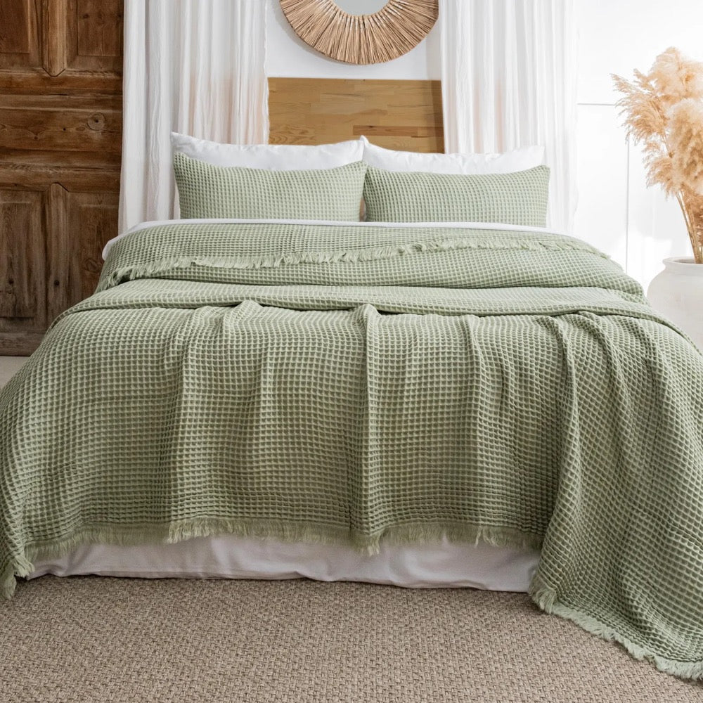 Sage Green Waffle Cotton Blanket, Organic Turkish Bedspread Queen King, GOTS Certified Bedding Gift
